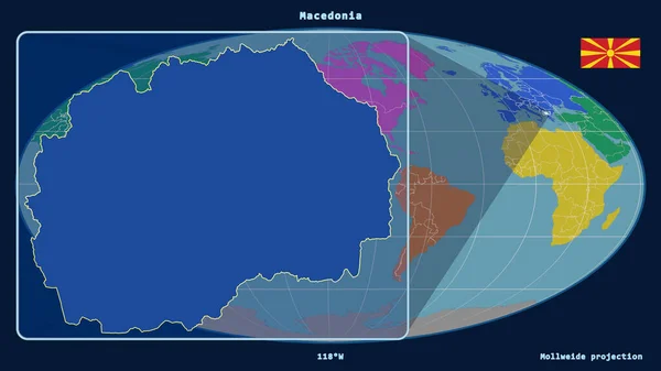 Zoomed View Macedonia Outline Perspective Lines Global Map Mollweide Projection — Stock Photo, Image