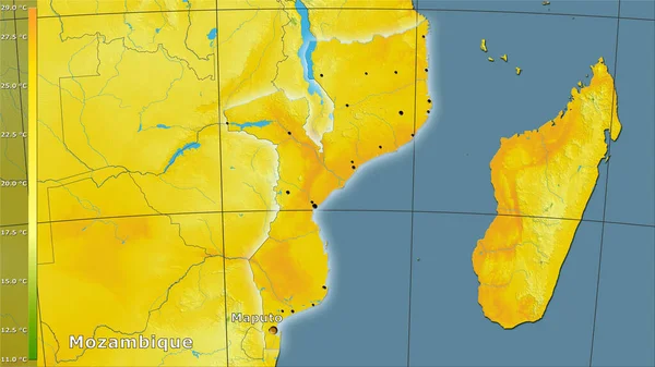 Legmelegebb Negyed Átlaghőmérséklete Mozambik Területén Sztereográfiai Vetületben Legendával Összetétel — Stock Fotó