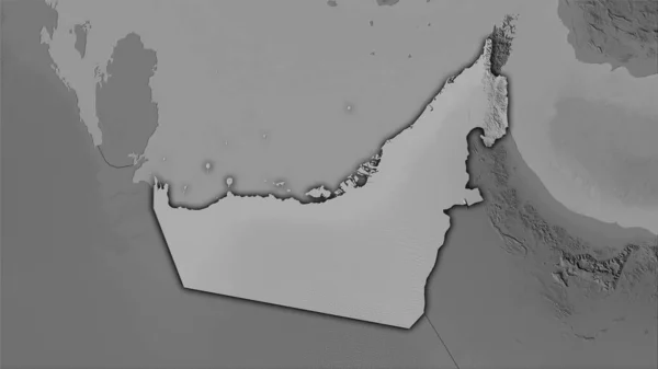 立体投影のグレースケール標高マップ上のアラブ首長国連邦エリア 暗い輝く輪郭を持つラスター層の生の組成 — ストック写真