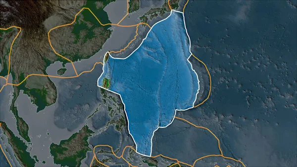 フィリピン周辺の砂漠化によって分離された物理的地図上のフィリピン海地殻プレートの概要 ヴァン グリンテンI予測 斜めの変換 — ストック写真
