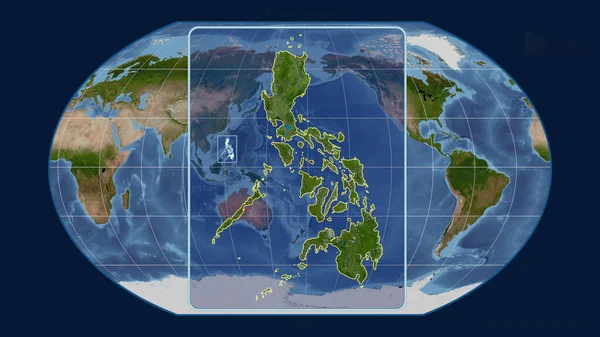 Zoomed-in view of Philippines outline with perspective lines against a global map in the Kavrayskiy projection. Shape centered. satellite imagery