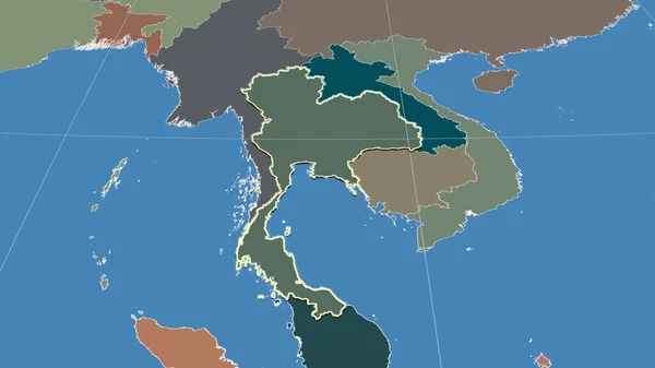 Thailand Und Seine Nachbarschaft Distanzierte Schrägperspektive Umrissene Form Farbkarte Der — Stockfoto