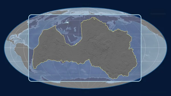 Zoomed View Latvia Outline Perspective Lines Global Map Mollweide Projection — Stock Photo, Image