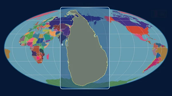 在Mollweide投影中 用透视线与全球地图对齐 将斯里兰卡的轮廓放大 形体中心 行政区划的彩色地图 — 图库照片