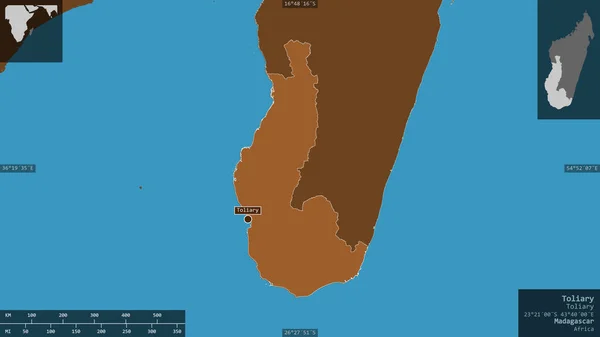 马达加斯加的自治省 托利亚里 有湖泊和河流的花纹固体 以信息覆盖的形式呈现在其国家区域上 3D渲染 — 图库照片