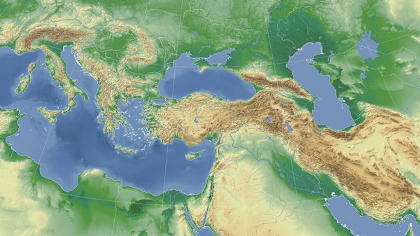 土耳其及其邻国 距离偏斜的视角 没有轮廓 彩色物理图 — 图库照片