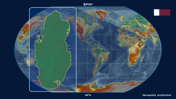 Vergrößerte Ansicht Von Katar Mit Perspektivischen Linien Gegen Eine Weltkarte — Stockfoto