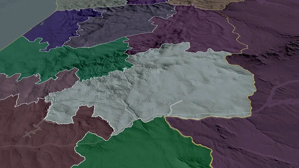 Castelo Branco - district of Portugal zoomed and highlighted. Colored and bumped map of the administrative division. 3D rendering