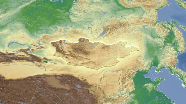 Mongolia Jej Okolice Daleka Perspektywa Ukośna Kształt Świecił Kolor Mapa — Zdjęcie stockowe