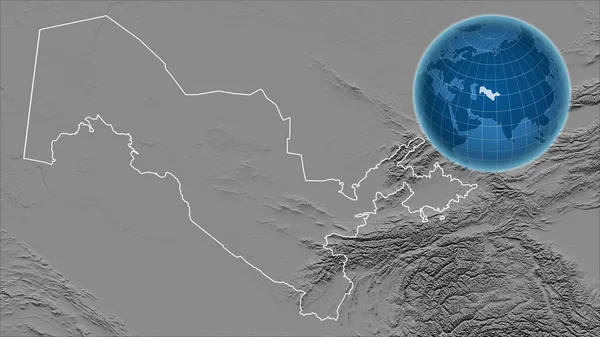 Uzbekistan. Globe with the shape of the country against zoomed map with its outline. grayscale elevation map