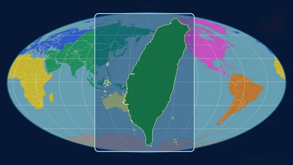 放大了台湾的轮廓 用透视线与莫尔维德投影中的全球地图相对照 形体中心 各大洲的彩色地图 — 图库照片
