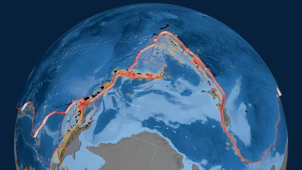 Placa Tectônica Pacífico Extrudida Globo Topografia Banhometria Colorido Mapa Elevação — Fotografia de Stock