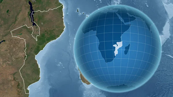 Mozambico Globo Con Forma Del Paese Contro Mappa Ingrandita Con — Foto Stock