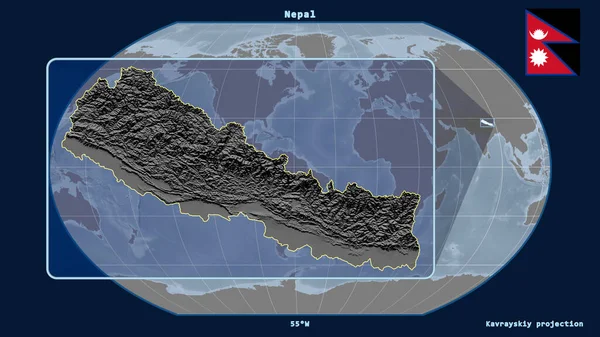Увеличен Виду Контура Непала Перспективными Линиями Против Глобальной Карты Каврайской — стоковое фото