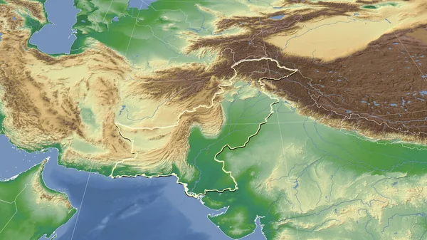 巴基斯坦及其邻国 远斜透视 轮廓轮廓 彩色物理图 — 图库照片