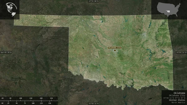 Oklahoma, state of United States. Satellite imagery. Shape presented against its country area with informative overlays. 3D rendering