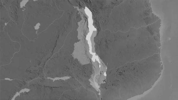 Zone Malawi Sur Carte Altitude Niveaux Gris Dans Projection Stéréographique — Photo
