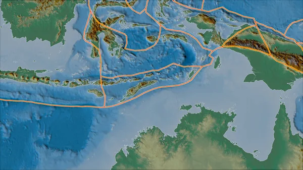 Tectonische Platen Grenzen Aan Reliëfkaart Van Gebieden Grenzend Aan Het — Stockfoto