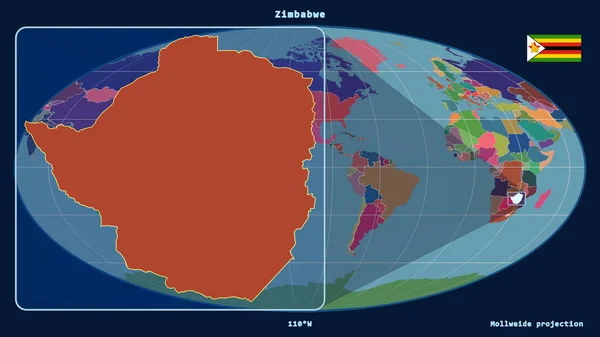 Zoomad Zimbabwe Skissera Med Perspektiv Linjer Mot Global Karta Mollweide — Stockfoto