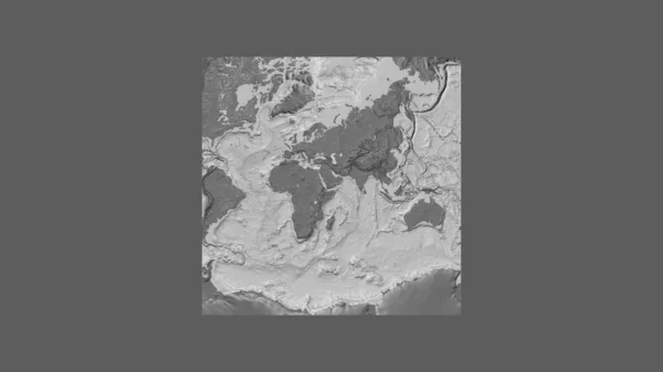 イエメンの領土を中心に斜めのヴァン グリンテン投影で世界の大規模な地図の正方形のフレーム 標高マップ — ストック写真