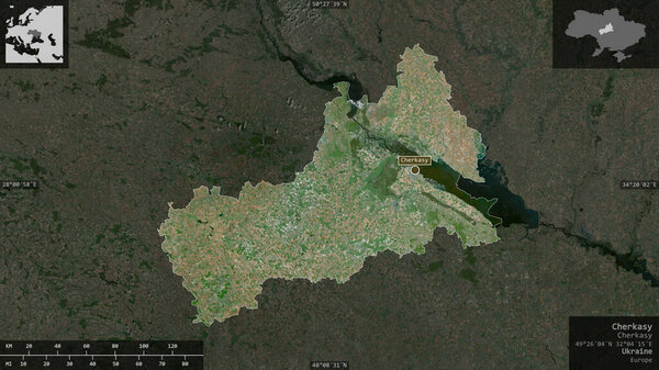 Cherkasy, region of Ukraine. Satellite imagery. Shape presented against its country area with informative overlays. 3D rendering