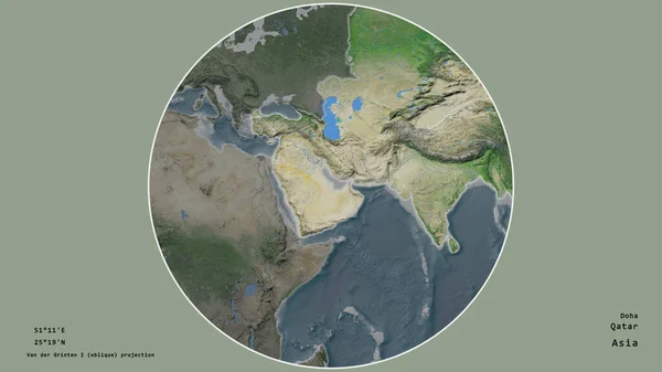 Área Qatar Centró Círculo Que Rodea Continente Fondo Desaturado Georreferencias — Foto de Stock