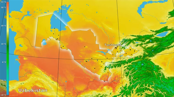 带有图例的立体投影中乌兹别克斯坦地区最暖四分之一的平均温度 主成分 — 图库照片