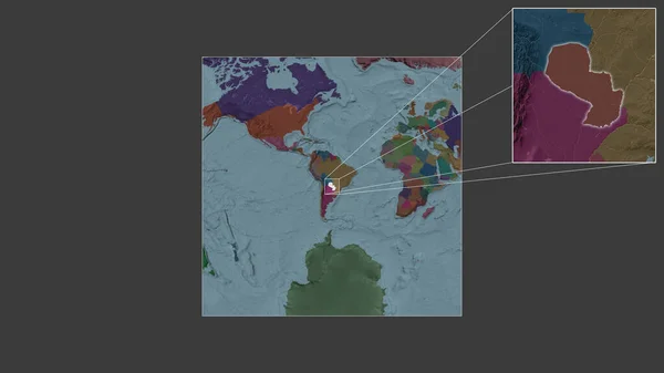从世界大比例尺地图中提取的巴拉圭扩大和扩大的地区 其主要线连接了框架的各个角落 行政区划的彩色地图 — 图库照片
