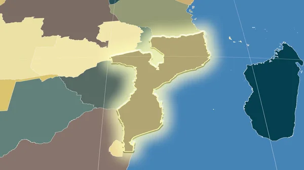 Мозамбик Окрестности Далекая Косовая Перспектива Форма Светилась Цветная Карта Административных — стоковое фото