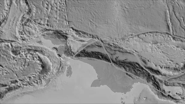 マオケプレート領域に隣接する領域のグレースケールマップ上の構造プレート境界 ヴァン グリンテンI予測 斜めの変換 — ストック写真