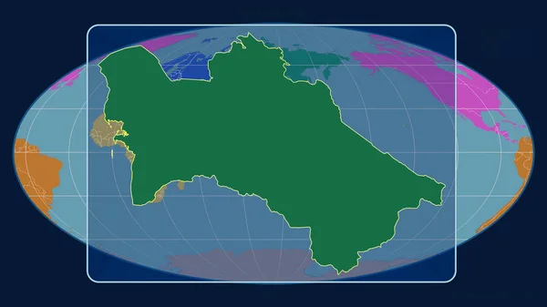 Zoomed View Turkmenistan Outline Perspective Lines Global Map Mollweide Projection — Stock Photo, Image