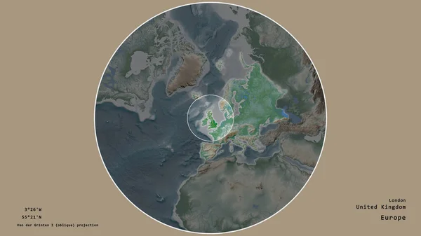 联合王国的区域 在该大陆的大比例尺地图上有一个圆圈 在绝望的背景下孤立起来 大写的地理推论和名称 彩色物理图 — 图库照片