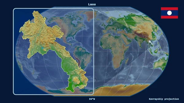 Zoomed Widok Laosu Zarys Linii Perspektywy Wobec Globalnej Mapy Projekcji — Zdjęcie stockowe