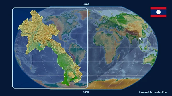 Увеличенный Учетом Контура Лаоса Перспективными Линиями Против Глобальной Карты Каврайской — стоковое фото
