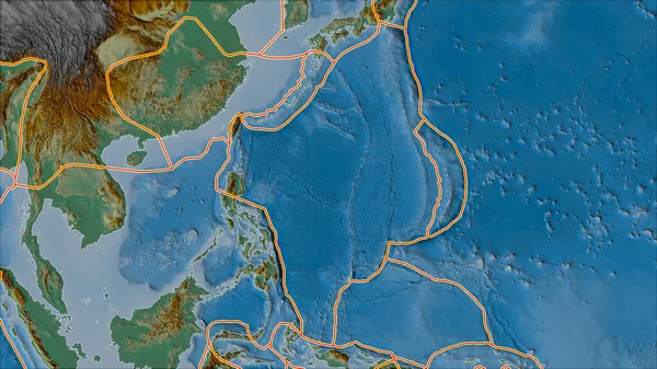 フィリピン海プレートエリアに隣接する地域の救援地図上の構造プレートの境界 ヴァン グリンテンI予測 斜めの変換 — ストック写真