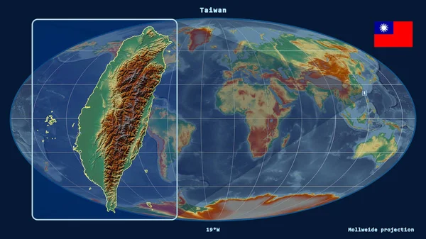 Vergrößerte Ansicht Von Taiwan Mit Perspektivischen Linien Gegen Eine Weltkarte — Stockfoto