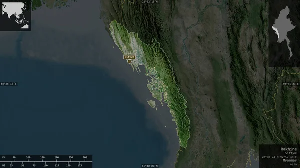 Rakhine Stát Myanmar Satelitní Snímky Tvar Prezentovaný Venkově Informativními Překryvy — Stock fotografie