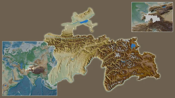Detailní Záběr Tádžikistánu Jeho Umístění Regionu Středu Rozsáhlé Mapy Světa — Stock fotografie