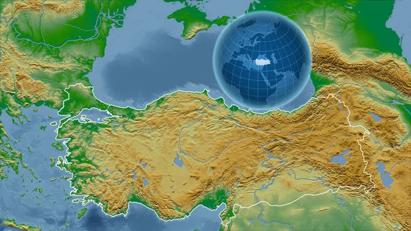 Turkey. Globe with the shape of the country against zoomed map with its outline. color physical map