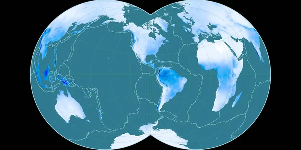 西の経度90を中心としたモーラー グローバル プロジェクションの世界地図 平均年次降水量マップ 粒状プレートと地殻プレートの境界とラスターの複合体 3Dイラスト — ストック写真