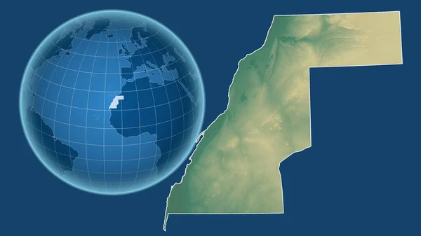 Western Sahara. Globe with the shape of the country against zoomed map with its outline isolated on the blue background. topographic relief map