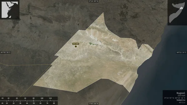 Nugaal Oblast Somálska Satelitní Snímky Tvar Prezentovaný Venkově Informativními Překryvy — Stock fotografie