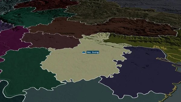 Hai Duong - province of Vietnam zoomed and highlighted with capital. Colored and bumped map of the administrative division. 3D rendering