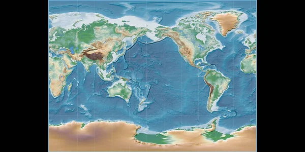 Světová Mapa Millerově Válcové Projekci Soustředěná 170 Západní Délky Barevné — Stock fotografie