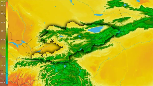 Efsanevi Stereografik Projeksiyonda Kırgızistan Bölgesinin Sıcak Çeyreğinin Ortalama Sıcaklığı Koyu — Stok fotoğraf