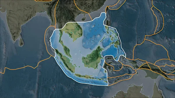 Outlined Sunda Tectonic Plate Topographic Map Separated Desaturation Its Adjacent — Stock Photo, Image