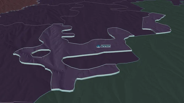扩大对Taraclia 摩尔多瓦地区 的控制 斜的角度 用地表水绘制了行政区划的彩色和凹凸的地图 3D渲染 — 图库照片