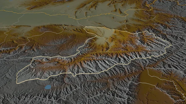 概述了扩大对巴格兰 阿富汗省 的控制 斜的角度 带有地表水的地形图 3D渲染 — 图库照片