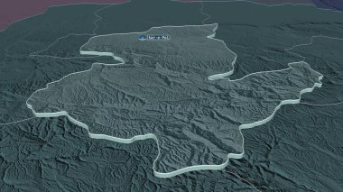 Sar-e-Pol 'e (Afganistan ili) yakınlaştırın. Belirsiz bir bakış açısı. Yüzey sularıyla birlikte idari bölümün renkli ve çarpık haritası. 3B görüntüleme