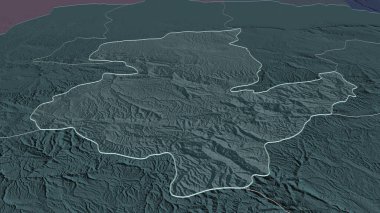 Afganistan 'ın Sar-e-Pol iline (ili) yakınlaştırın. Belirsiz bir bakış açısı. Yüzey sularıyla birlikte idari bölümün renkli ve çarpık haritası. 3B görüntüleme